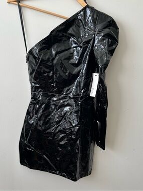 Steele Faux Leather Black One Shoulder Mini  Dress XS